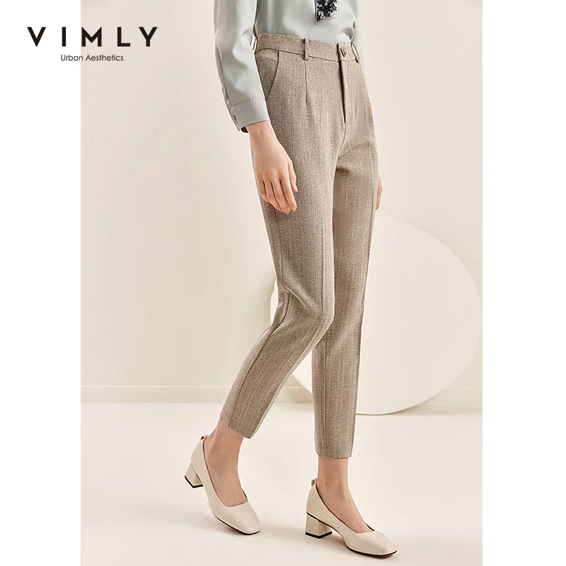 Vimly Office Lady Suit Pant Elegant High Waist Plaid Striped Button Pockets Straight Pants Female Casual F5876 | Женская одежда