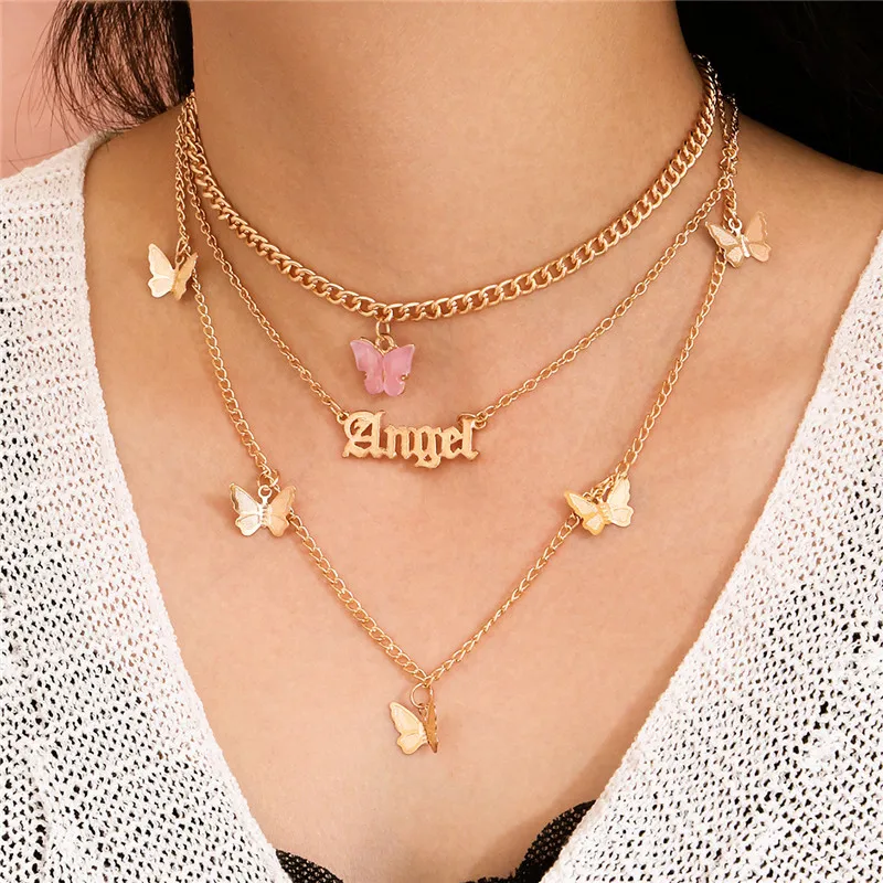 Modyle Fashion Layered Necklace Female Acrylic Butterfly Double Layer Letter Alphabet Angel Pendant Jewelry For Women | Украшения и