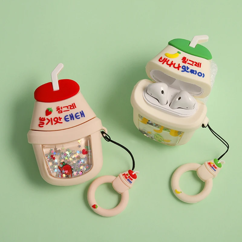 

Cartoon Drink Bottle Earphone Cover Strap for AirPods 1 2 Bluetooth Headset Charging Box Dynamic Liquid Quicksand Silicone Case