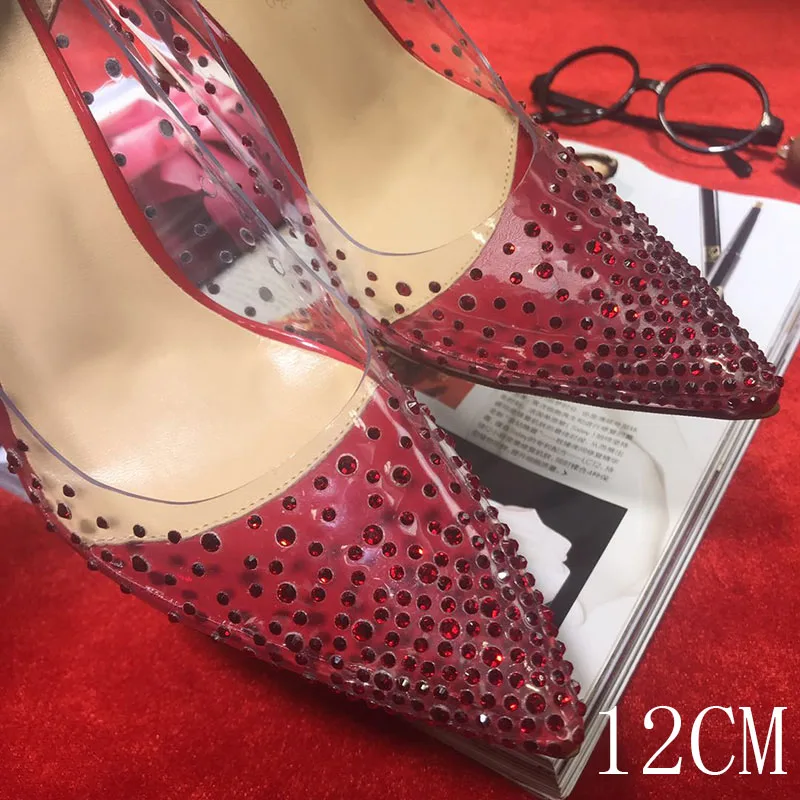 Прозрачные хрустальные стразы на высоком каблуке с красной подошвой; туфли-лодочки на шпильке серебристого и золотого цвета; свадебные туфли; женские прозрачные вечерние туфли; 12 см; 8 см - Цвет: Red 12CM