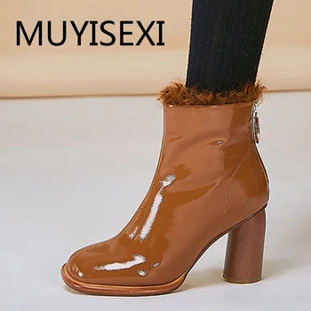 

Lady ankle boots genuine leather round toe 8cm high round heels dating office keep warm zip black brown plus size SR09 MUYISEXI