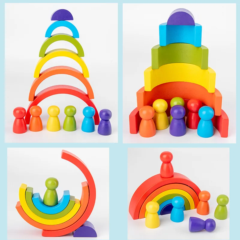 Wooden Building Blocks Montessori Arch Bridge Semicircle Rainbow Villain Set for Baby Education