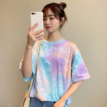 

Woman Harajuku Tie Dye Funny Tshirt 2020 Summer Female Japan Streetwear Hip Hop T Shirts Korean Fashion 3 Color T-shirt