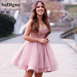 SoDigne Tulle Pink Glitter Ball Gown Prom Dresses Short Girls Cocktail Dancing Knee Length Evening Party Gowns