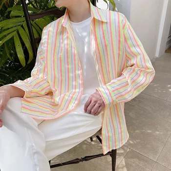 

Chemise Homme Manche Longue 2020 Summer Original Personality Trend Colorful Stripes Cool And Elegant Loose Long Sleeve Shirt