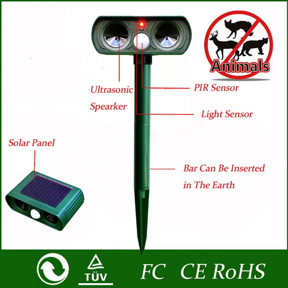 2pcs Solar Power Ultrasonic Animal Chaser Repeller Mice Cat Dog Fox Birds Squirrels Deterrent Repellent Practical Garden Pest
