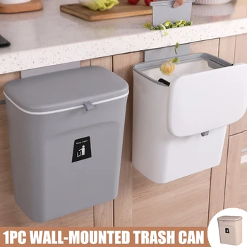 

Hanging Trash Can for Kitchen Cabinet Door with Lid Wall Mounted Counter Waste Bin Plastic YU-Home