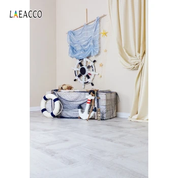 

Laeacco Baby Birthday Photophone Sea Suitcase Rudder Anchor Fishnet Swimming Ring Curtain Photography Backdrops Photo Background