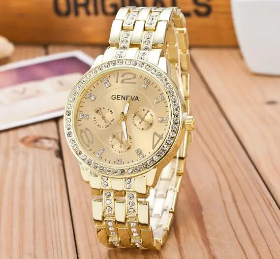 Новинка, известный бренд, золотые часы Geneva с кристаллами, повседневные кварцевые часы для женщин, нержавеющая сталь, нарядные часы, Relogio Feminino, мужские часы - Color: As shown-7