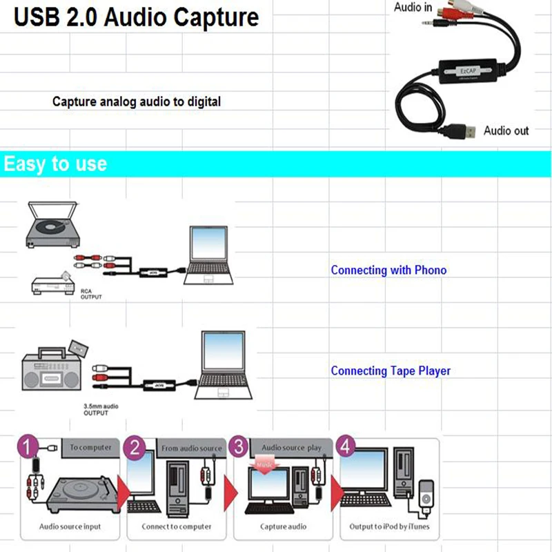 USB аудио Захват MP3 WMA WAV OGG преобразователь рекордер изменить аудио в формате MP3 к ПК