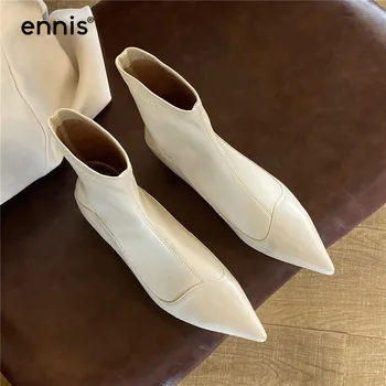 

ENNIS Kitten Heels Booties Designer Stretch Boots Pointed Toe Women Boots Genuine Leather Ankle Boots Slip On Shoes NEW A0160