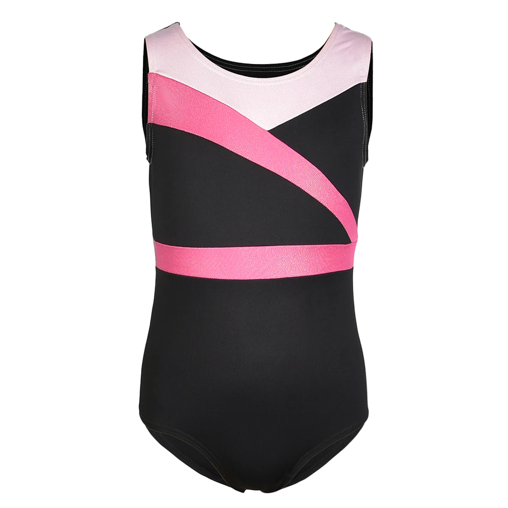 Kids Girls Shiny Gymnastics Ballet Dance Leotards Sleeveless Black Pink Spliced Design Stretch Sport Gym Costume