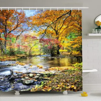 

Shower Curtain Set with Hooks 72x78 Beautiful Autumn Water Fall Stream Beauty Flowing Orange Waterfall Yellow Red Nature Parks