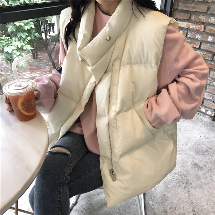 Casual Zipper Cotton-padded Vest Coat Women Windproof Sleeveless Waistcoat Warm Jackets vest female Fashion Autumn Winter - Цвет: ivory