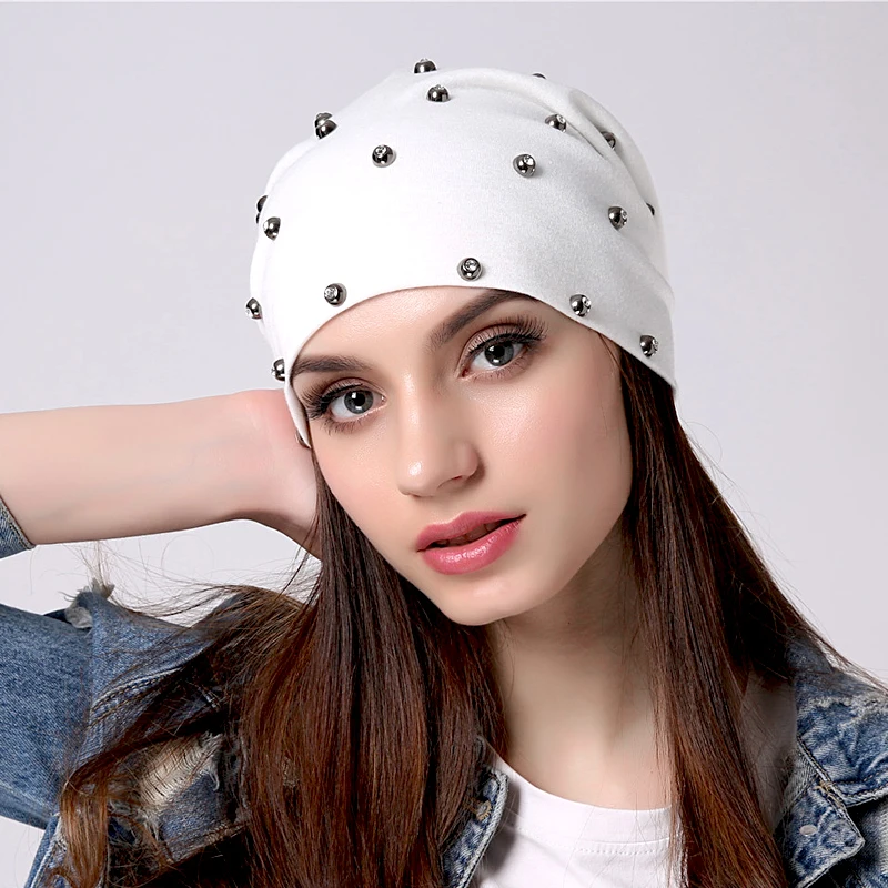 Geebro Women Fashion Cotton Skullies Beanies Girls With Rhinestones Accessories Hats Female Lady Knitted Solid Color Soft Caps 3