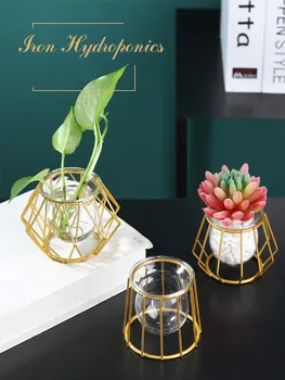 

Nordic Home Office Decoration Glass Vases Hydroponic Vase Mini Vase For Dried Flowers With Metal Wrought Iron Stand wazon