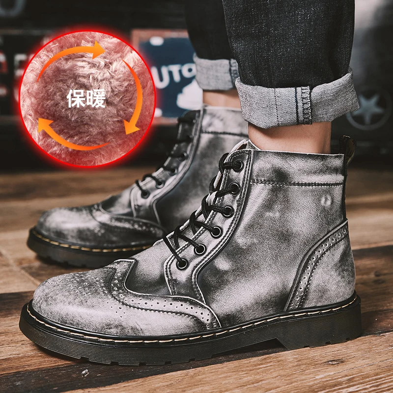 HEINRICH Classic Brogues Boots Man Genuine Leather Shoes Men Winter Boots Male Sapatos Big Size Mens Work Boots Botines Hombre - Цвет: gray plush