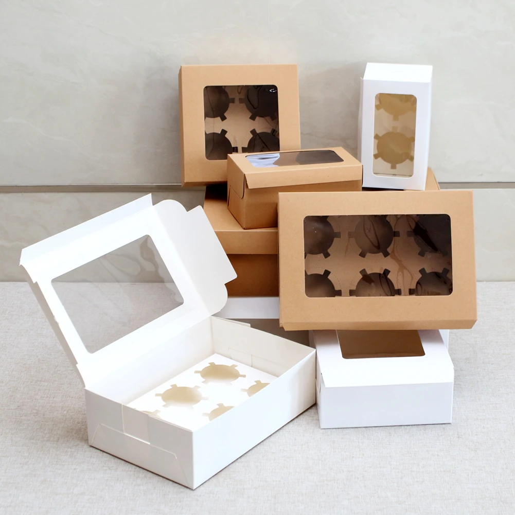 10Pcs Kraft Paper Cupcake Packing Box with Window Cardboard Cake Muffin