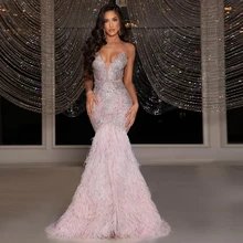 

Sexy Backless Mermaid Prom Dresses Spaghetti Strap Applique Feather Elegant Evening Dresses Luxury Long Party Gown Women 2022