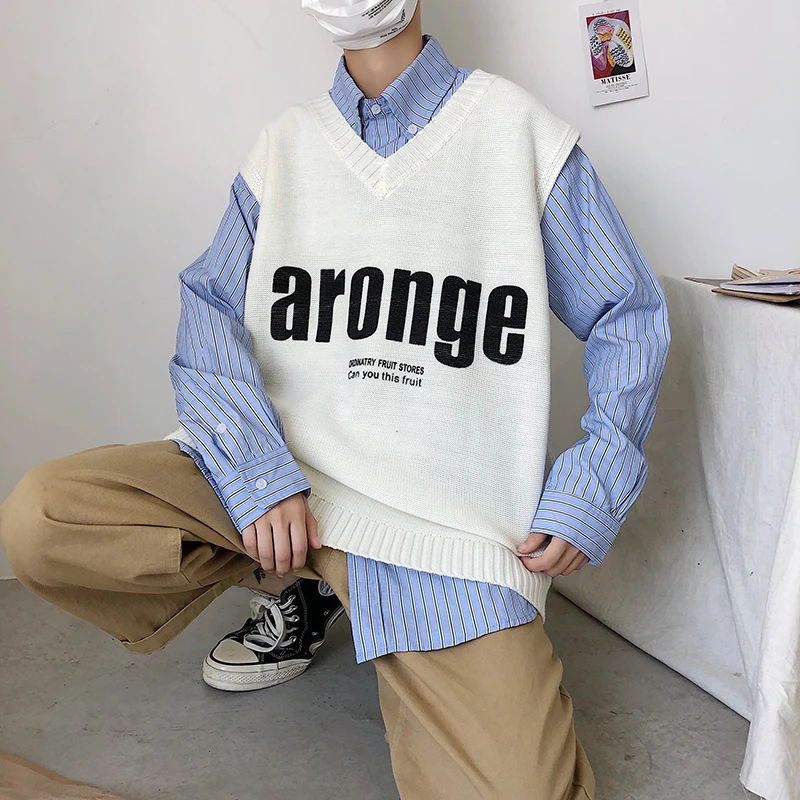 Autumn New Sweater Vest Men Fashion Letters Casual Knit Sweaters Vest Man Streetwear Loose Pullover Men Sweter Clothes M-2XL