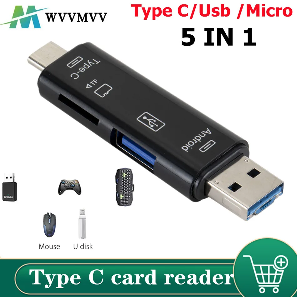 

Type C & Micro USB 5 In 1 OTG Card Reader Flash Drive High-speed USB2.0 Universal OTG TF/SD Card for Android phone Computer