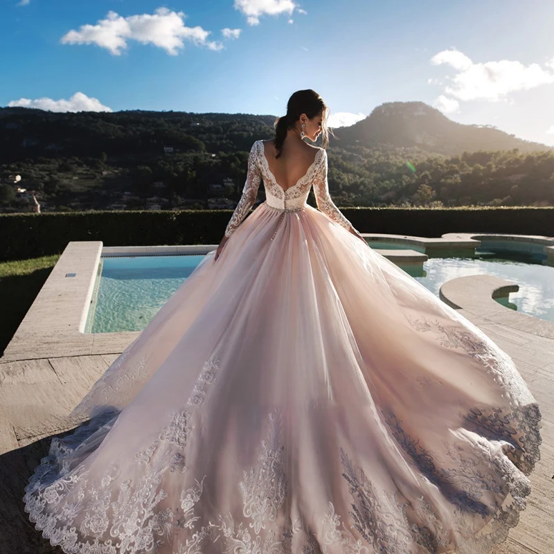 Luxury White Lace Bridal Dresses 3D Flower Ball Gown V-neck Long Sleeve Wedding Dress Plus Size Custom Made Wedding Gown ball gown wedding dress