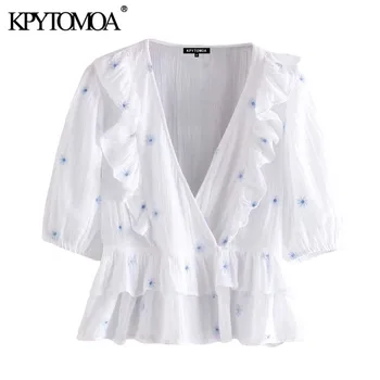 

KPYTOMOA Women 2020 Sweet Fashion Floral Embroidery Ruffled Blouses Vintage V Neck Short Sleeve Female Shirts Blusas Chic Tops