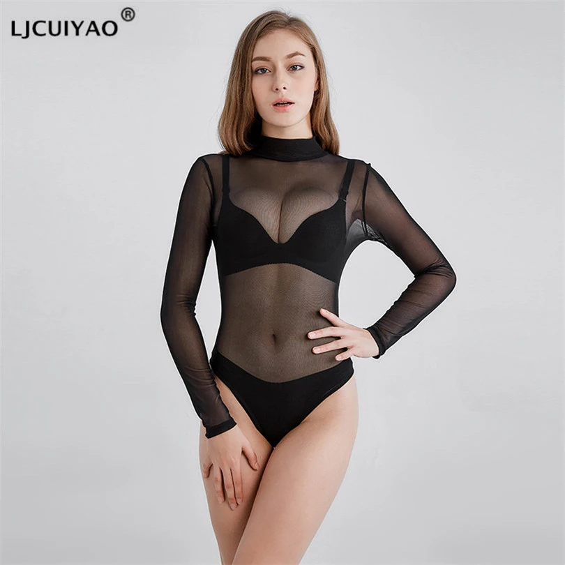 lingerie bodysuit LJCUIYAO Long Sleeve Mesh Lace Bodysuit High Neck Skinny Warm Bodysuit Autumn Winter Women Black Sexy Slim Fit Body Suit Clothes backless bodysuit