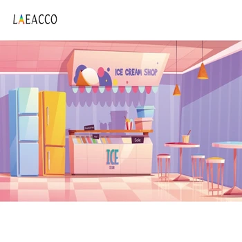 

Laeacco Ice Cream Shop Cashier Bar Counter Refrigerator Photography Backdrops Baby Birthday Photo Backgrounds for Photo Studio