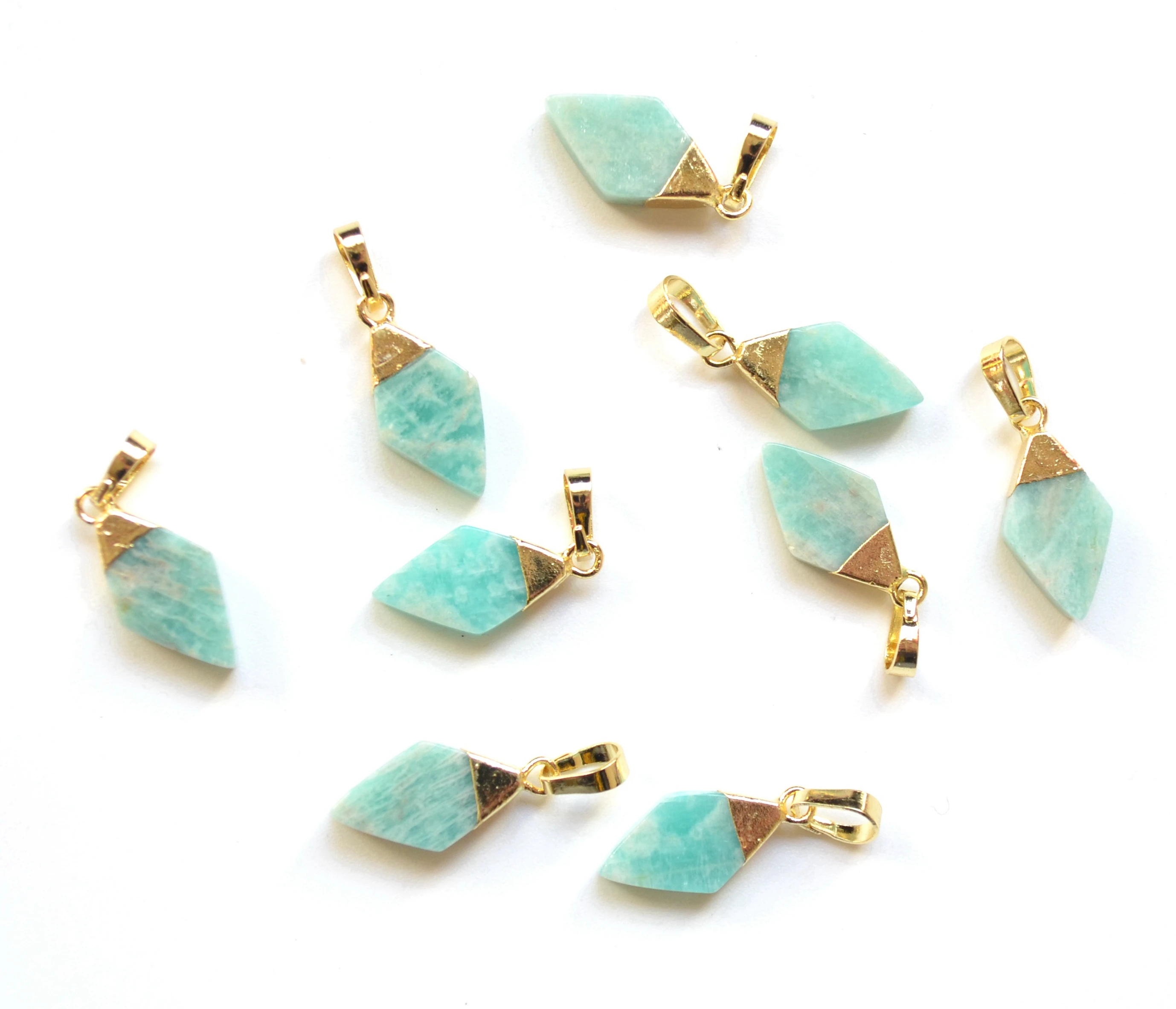 

Tiny rhombus Amazonite pendants with gold electroplated edges