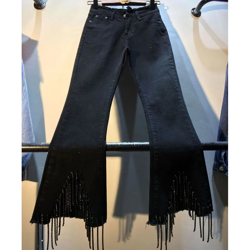 Европейские женские черные джинсы с кисточками и стразами, высокая талия, расклешенные брюки, обтягивающие Стрейчевые джинсовые брюки, осенняя уличная Длина по щиколотку
