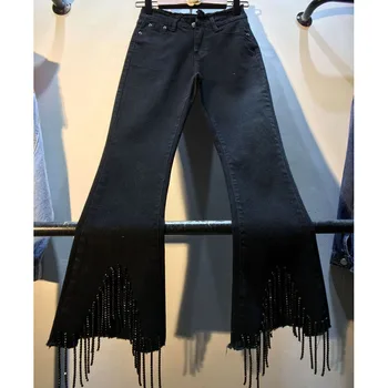 

Europe Women Black Jeans Tassel Rhinestone High Waist Flare Pants Skinny Stretch Denim Trousers Autumn Streetwear Ankle-length