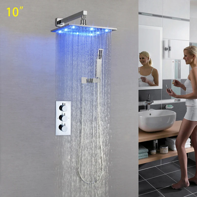

Saving Water LED Rainfall Shower Set 10" Chrome Thermostatic Mixer Valve System Wall Mounted Bathroom Showerhead With Hand Spout