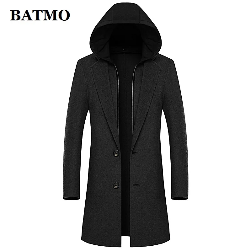 BATMO 80% шерстяное пальто с капюшоном для мужчин, мужские зимние шерстяные Длинные куртки, размер M, L, XL, XXL, XXXL LB01 - Цвет: Черный