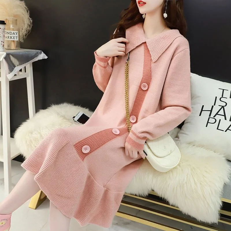 Clothing Autumn And Winter Out Thick Knit Sweater Polo Dress With 2020 Bottom Skirt | Женская одежда