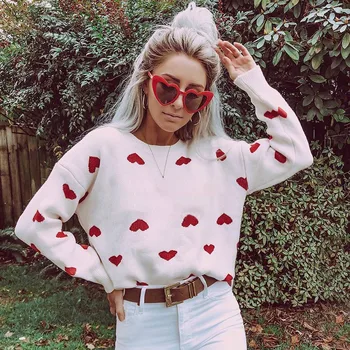 

2020 Female korean kawaii cute sweater Autumn Winter Loose round neck color love sweater for women Japanese harajuku clothing
