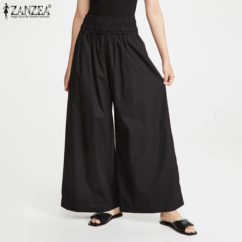 

2020 Trouser Women ZANZEA Ladies Wide Leg Pants Capris Casual Elastic Waist Pants Streetwear Plus Size 5XL Summer Female Palazzo
