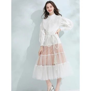 

Women Runway Dress 2020 High Quality Spring Summer Stand Collar Long Sleeve Patchwork Mesh Dresses Vestidos NP0947Y