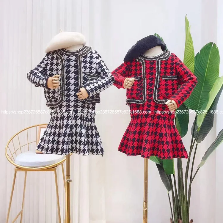 

Children's suit 2019 autumn and winter new girls foreign style houndstooth pattern knitted jacket vest skirt two-piece suit