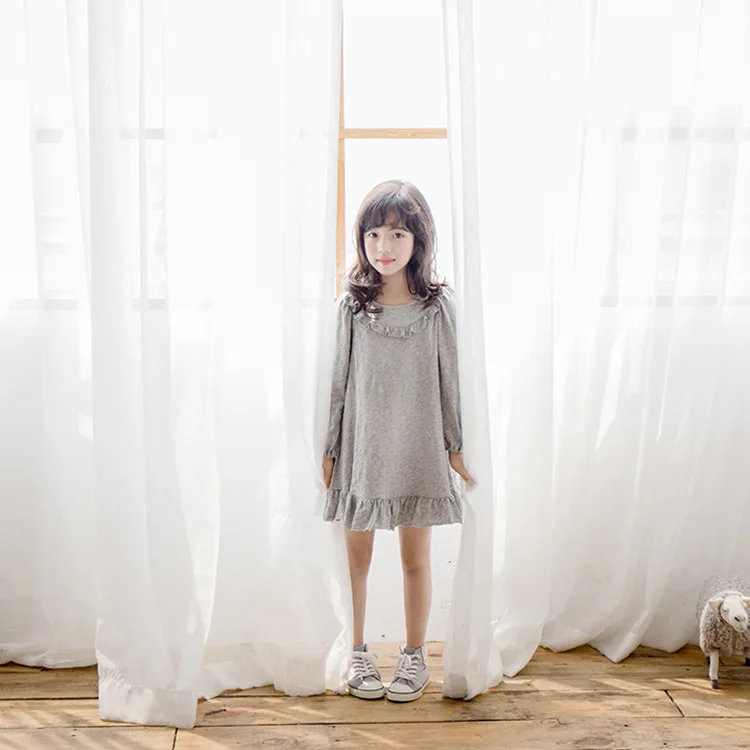 

2019 Spring New Style Gril's Dress Big Boy Korean-style Flower Gray Lace Collar Children Shirt Girls Easy to Ride Skirt