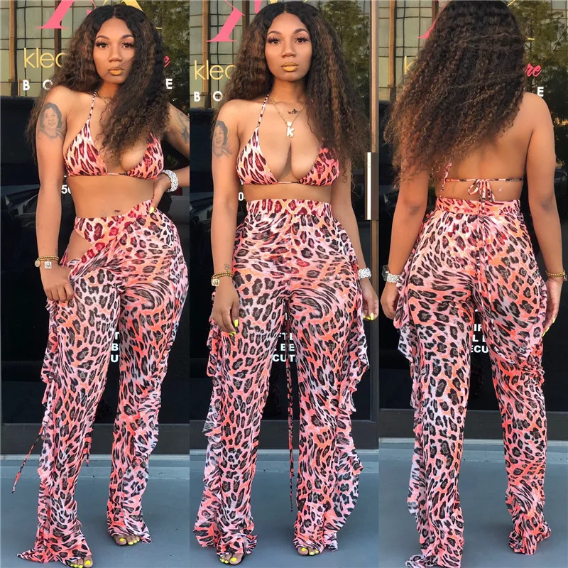 

Sexy Women Clubwear Leopard Print Two Pieces Oufit Set Halter Lace-up Backless Bra Crop Tops High Waist Ruffle Trousers Jumpsuit