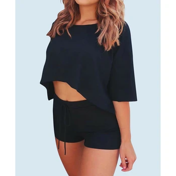 

Sexy Women Outfit Two Piece Set Solid Color Half Sleeve Crop Top T-shirt Shorts Hot Pants Jumpsuit Sports Outfits Ladies Sets