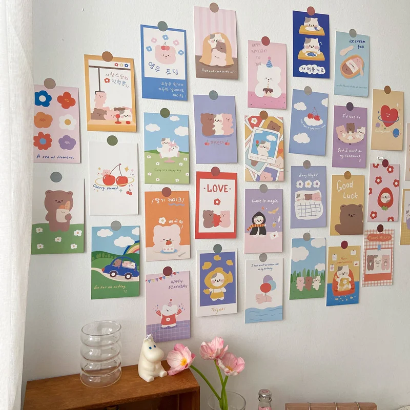 Korean Ins Cute Bear Rabbit Postcard Set Diy Cartoon Photo Cards Children's Room Background Kawaii Decorative Card 30 Sheets