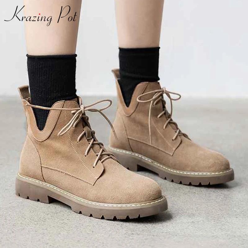 

krazing pot new arrival cow suede western boots Chelsea boots round toe low heels winter all-match handmade ankle boots L0f2