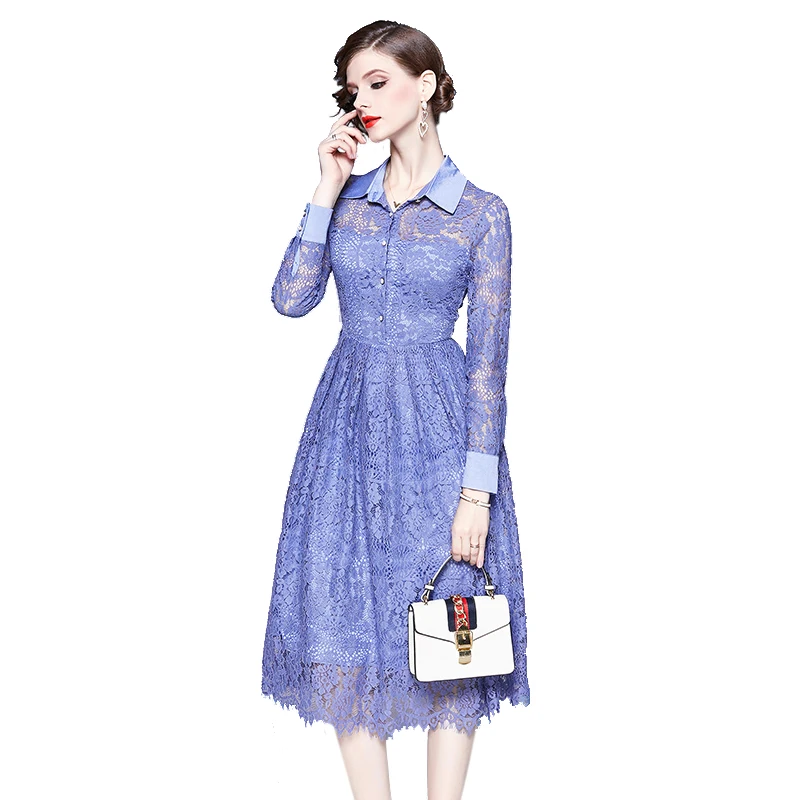 TAOYIZHUAI Office lady style elegant lace dress turn-down collar blue button knee length OL dress fashion slim A-line vestidos