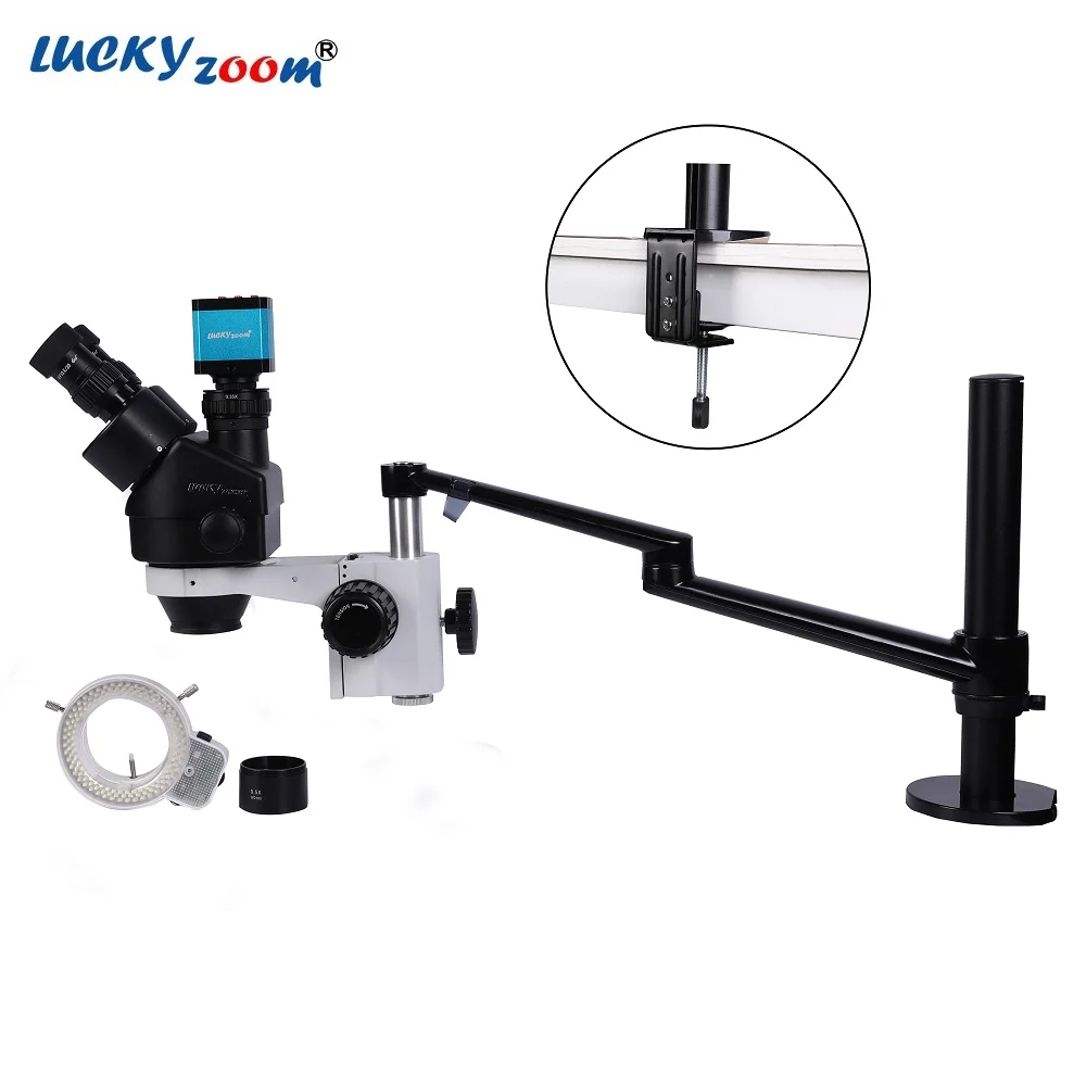 Lucky Zoom Brand New Professional 3.5X-45X Simul Focal Trinocular Microscope BlackTable Clamp Stand Support 76MM Microscope Head Holder Metal Microscopio Set