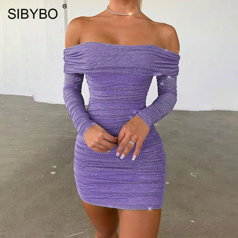 SIBYBO, блестящее Сетчатое мини-платье с открытыми плечами, женские вечерние платья с длинным рукавом и вырезом лодочкой, сексуальное облегающее платье с открытой спиной, женские повседневные платья