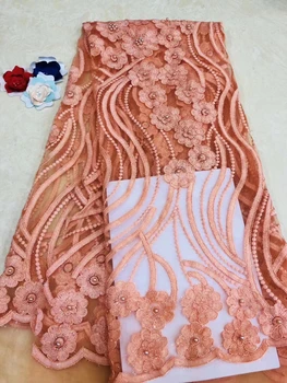 

Elegant Pink Embroidered Appliqued French High Quality African Tassel Beads Tulle Lace Fabrics For Nigerian Dress FJ2827