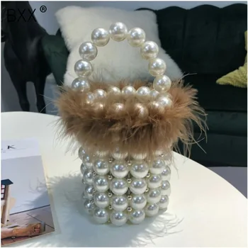 

[BXX] Faux Fur Pearl Evening Bag Women Handmade Clear Pearl Beaded Small Clutch Bucket Handbag Ladies Shoulder Bag Wedding HI335