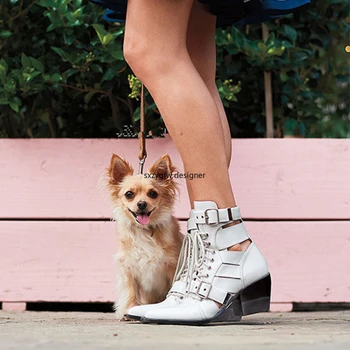 

Genuine Leather Women Spring Autunm Ankle Boots Sexy Cuts Out Lace Up Chunky High Heels Shoes Gladiator Party Dress Shoes Woman